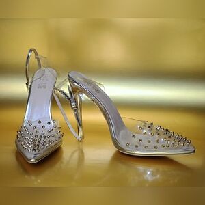 Azalea Wang Clear Gold Studded Stiletto Heels